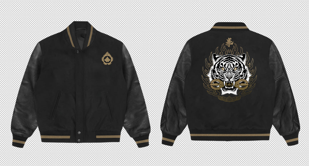 PREMIUM BLACK TYPEⅡTRUCKERLEATHER JACKET PRE ORDER*** TEKKEN - 'Heihachi Tiger Tekken 8' varsity jacket